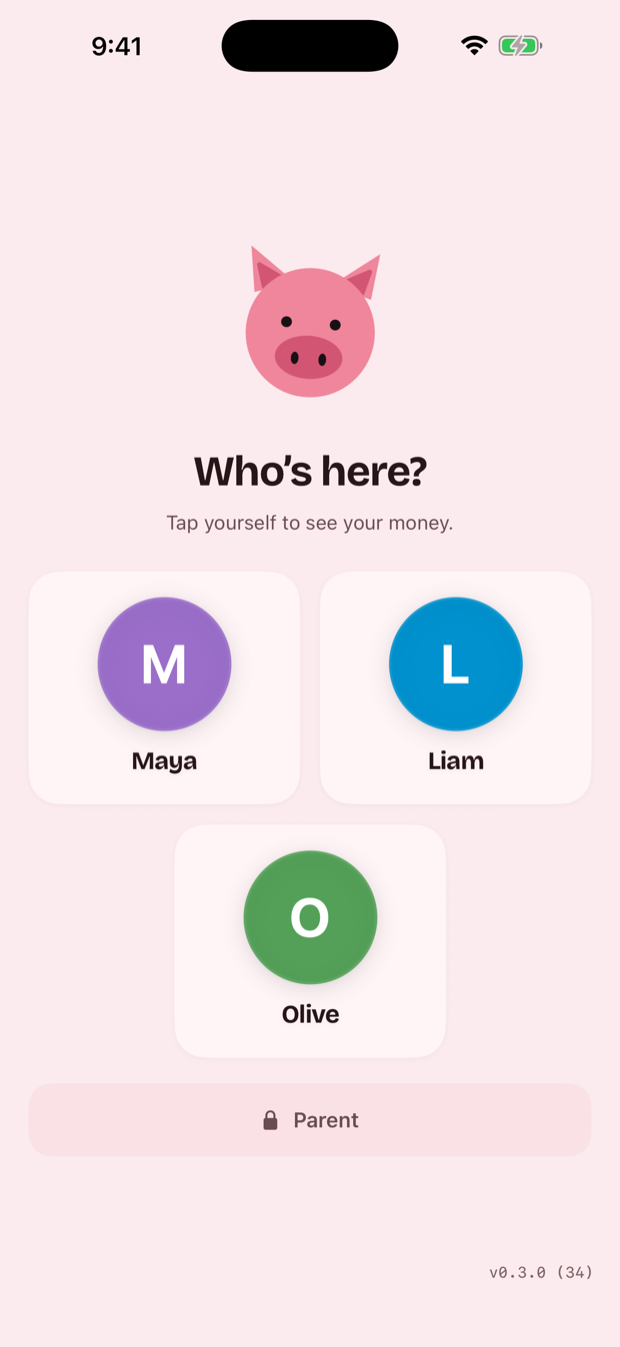 The Pig Pal family picker asking Who's here? with a tile for each child.