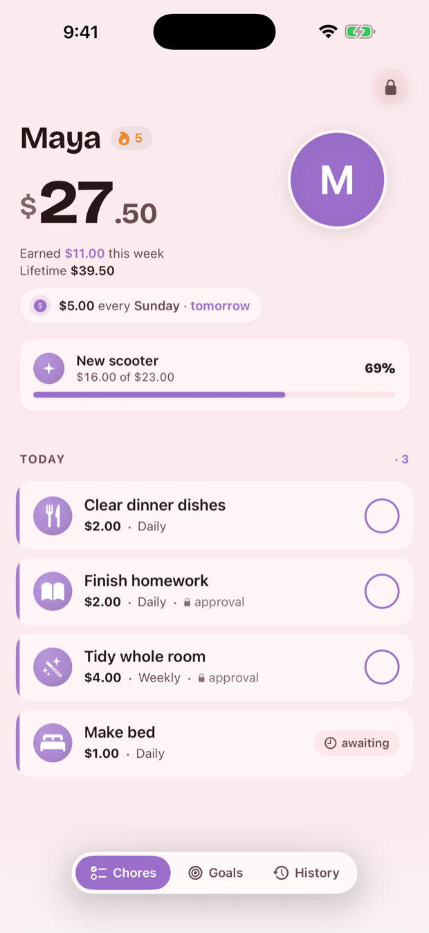 A child's screen in Pig Pal showing a $27.50 balance, a savings goal at 69%, and today's chores.