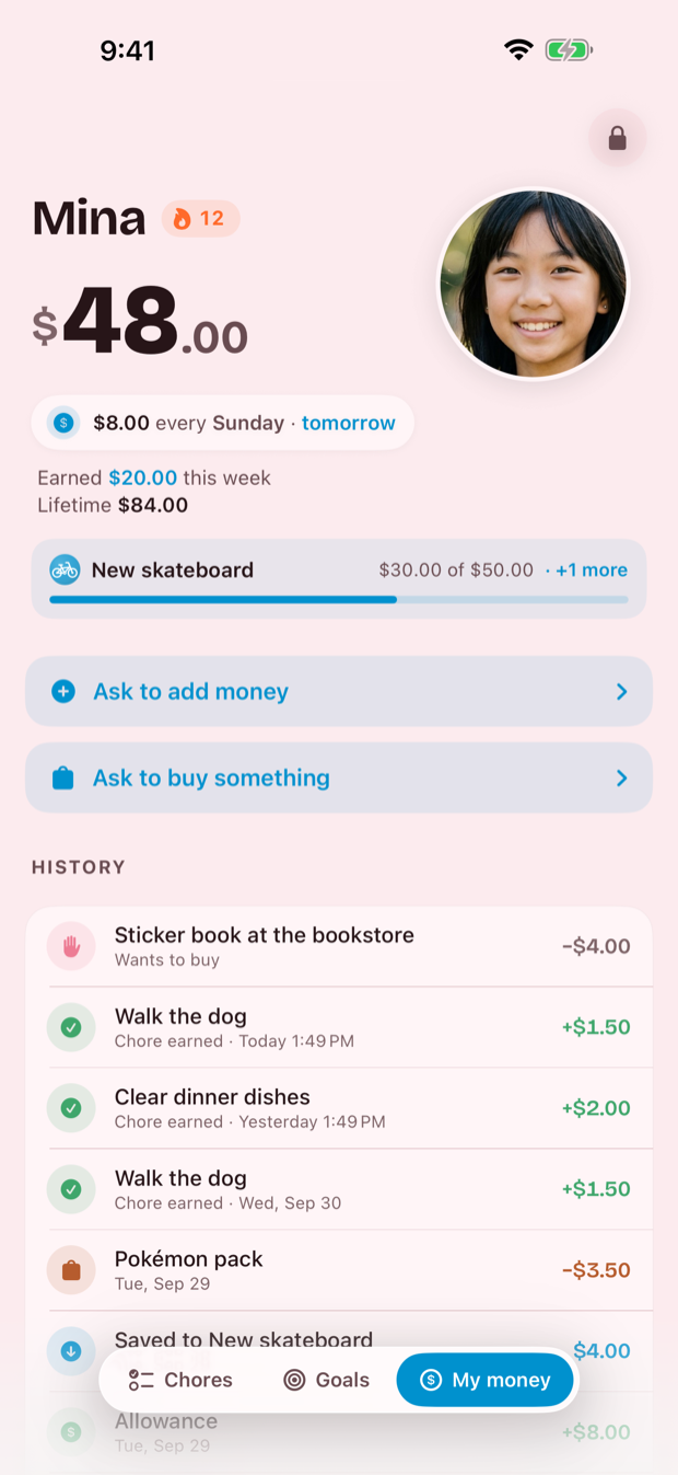 A child's My money screen in Pig Pal: Mina, with her photo, a $48.00 balance, buttons to ask to add money and ask to buy something, and a history of chores earned, purchases and money saved.