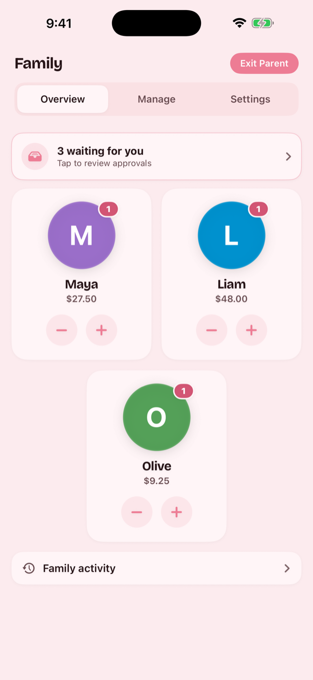 The parent overview in Pig Pal showing three children with balances and quick plus and minus buttons.